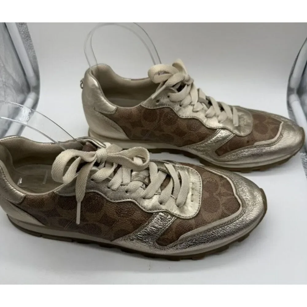 Coach C118 Runner‎ Womens Size 8.5 Gold Brown Monogram Metallic Lace Up Sneakers